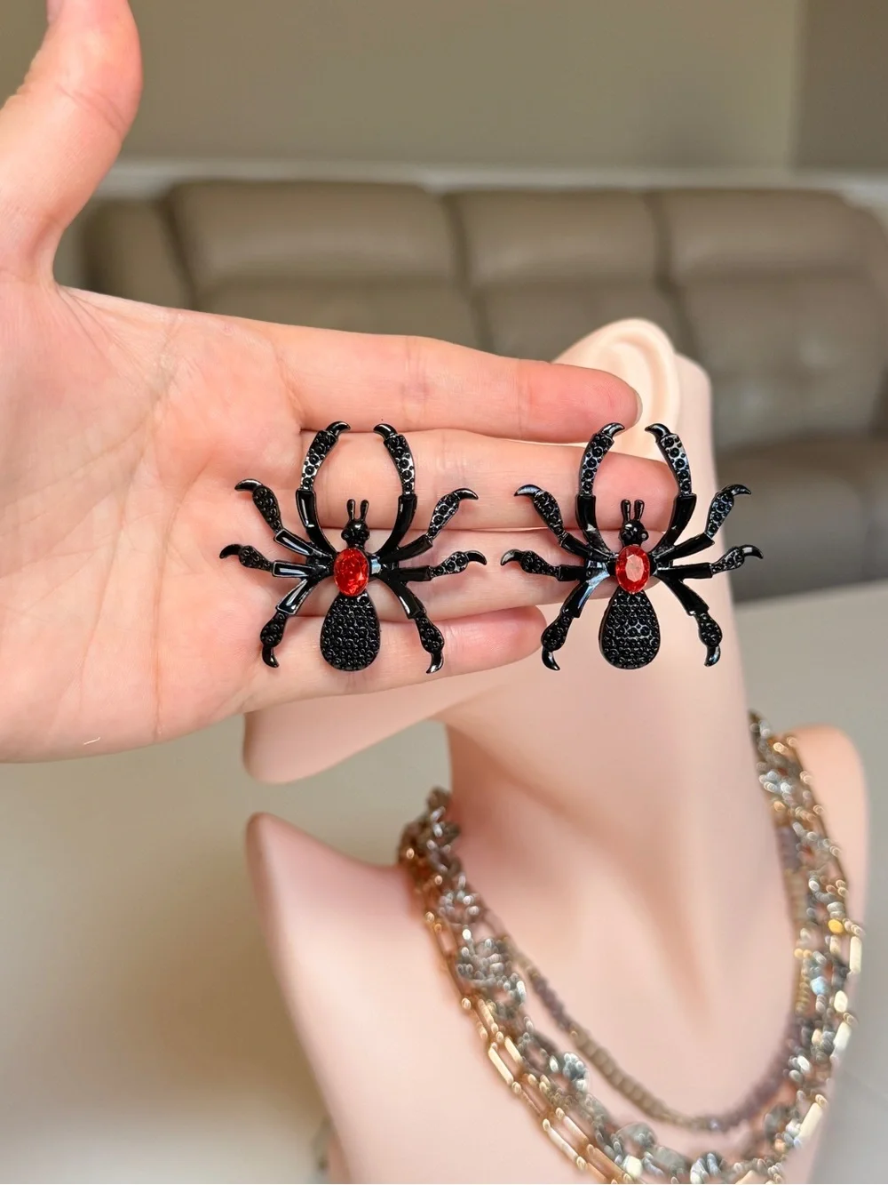 Black Spider Stud Earrings with Red Gem Center